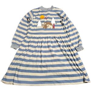 Vintage Melissa Jackson Bear Graphic Long Sleeve Dress Girl's Sz 10 Blue Striped